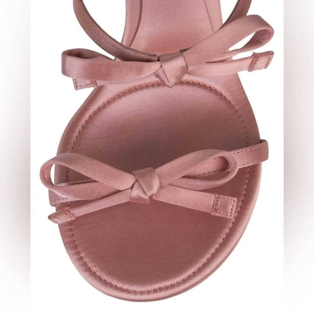 Jeffrey Campbell Bow Bow Pink Blush Satin Heeled Sandals Gold Heel Size 9.5 New